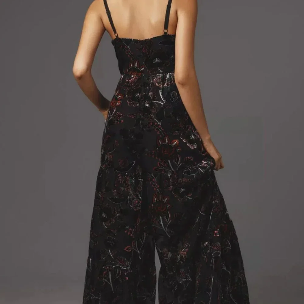 Anthropologie Red & Black Floral Velvet Wide Leg Jumpsuit Size 22, New with Tags - Picture 2 of 9
